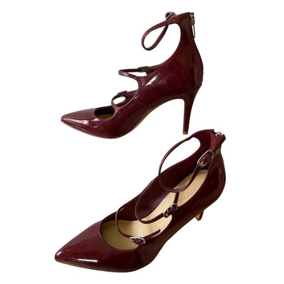 Marc Fisher Burgundy Patent Strappy Pointed Toe Pumps Ankle Strap Heels Size 8 - Picture 2 of 11